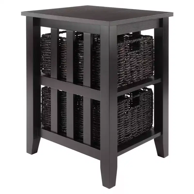 Side Table with Baskets Espresso/Chocolate: Compact Storage, Printer Stand, Narrow Design