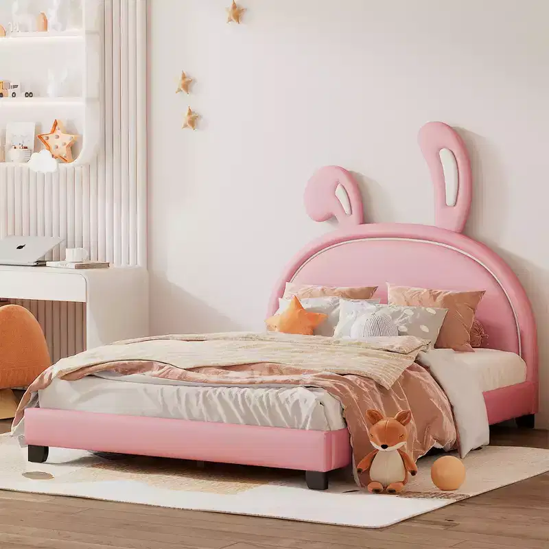 Full Size Upholstered Leather Platform Bed with Ears Headboard Bed Frame with Rabbit Ornament for Kids Pink