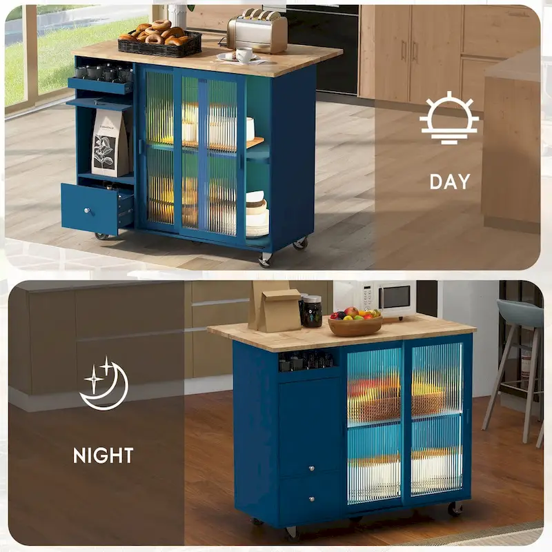 44 in. W Kitchen Island Rubber Wood Drop-Leaf Countertop on 5 Wheels with an Adjustable Shelf and 2 Drawers - 44