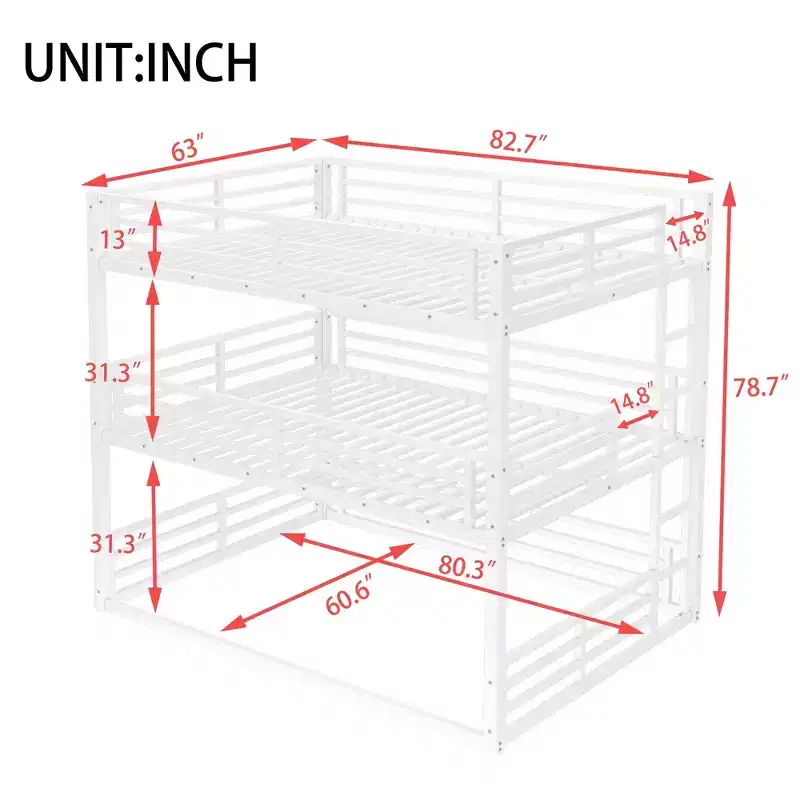 Queen over Queen over Queen Bunk Bed Metal Triple Bunk Bed with Safety Guardrails Heavy-duty Bunk Bed with Noise-reduced Design White
