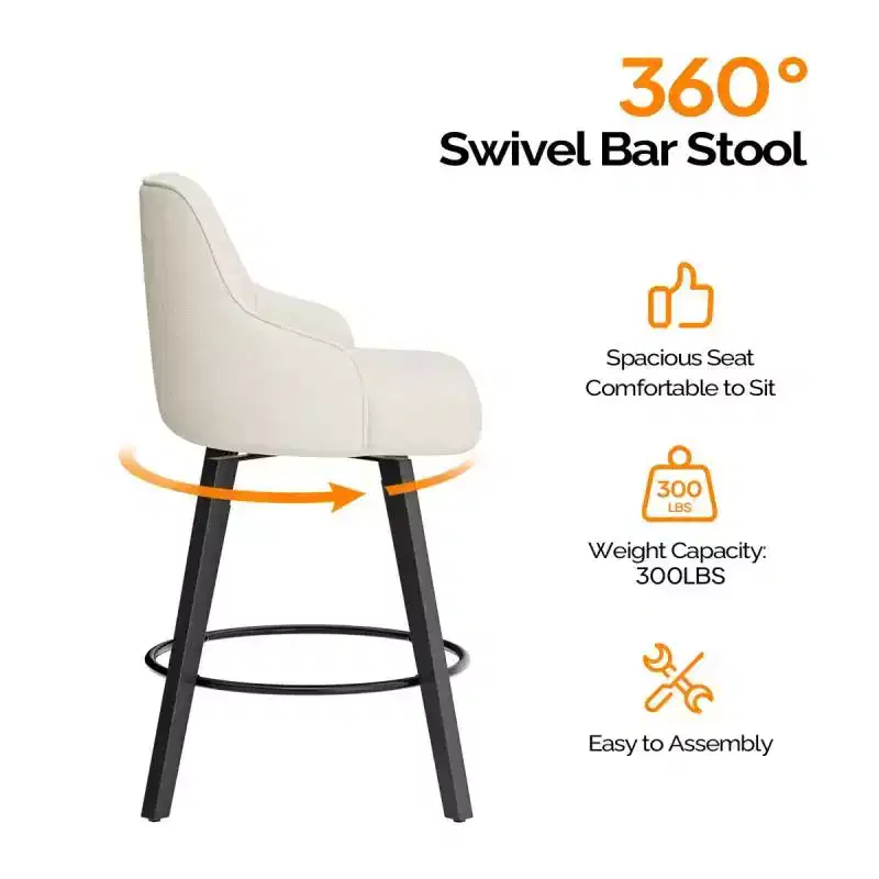 Thick Padded Cushion Wood Legs Modern Bar Stool With 360 Rotation