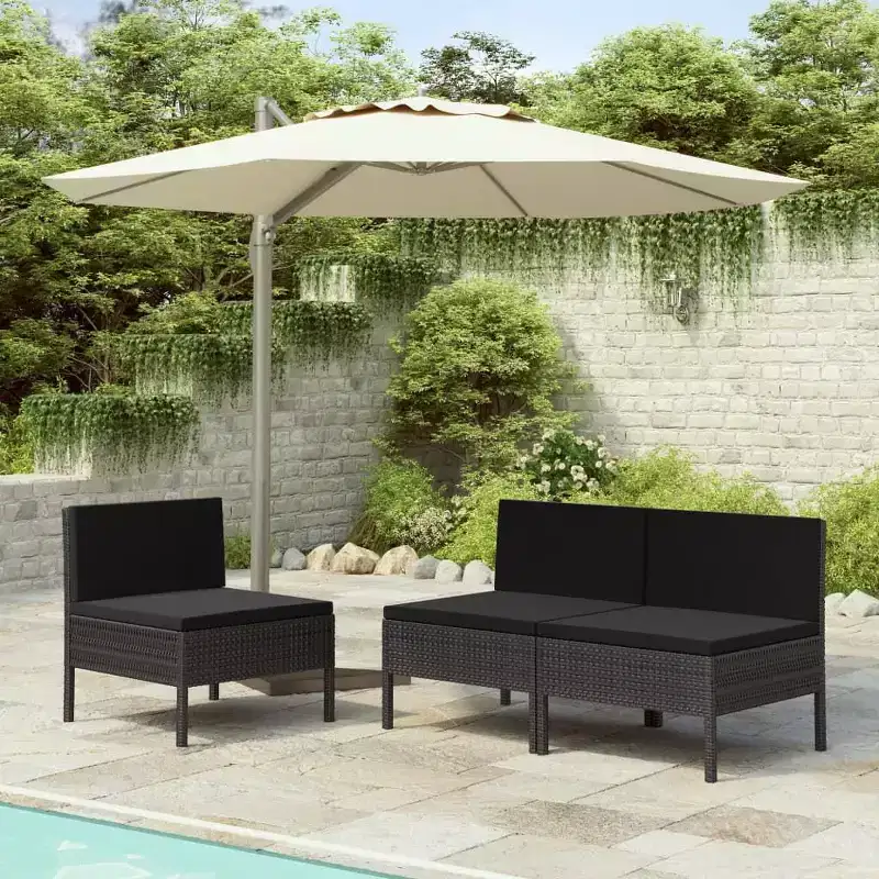vidaXL Patio Chairs 3 Pcs Rattan Conversation Chair with Cushions Poly Rattan