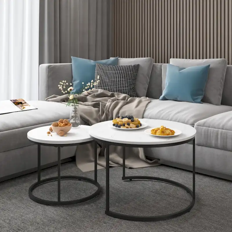 Nesting Coffee Table Set of 2, 27.6inch Round Coffee Table Wood Finish with Sturdy Metal Frame,End Table Side Tables