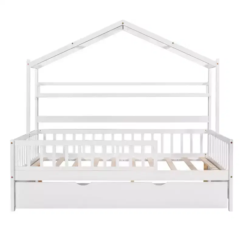 Luxystar Wood House Bed Frame with Trundle and Shelves, White