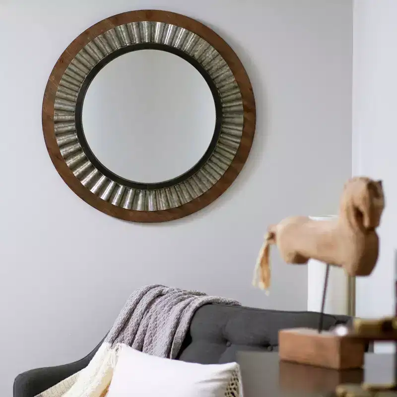 Wood Framed Sunburst Metal Mirror, Brown