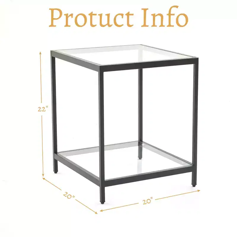 20 in. Square 2-Tier Tempered Glass End Table, Side Accent Table with Metal Frame for Living Room or Bedroom