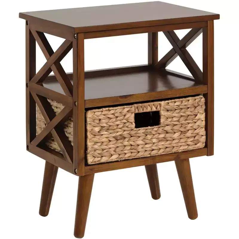 Mid-Century Modern Nightstand End Table with Storage Shelf and Wicker Basket
