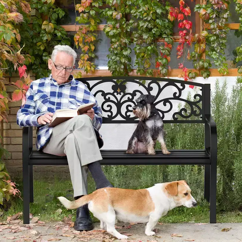VINGLI Outdoor Metal Bench w/PVC Floral Pattern Back, 2-Person Black Steel Bench, All-Weather Garden Bench for Park Porch Entryway