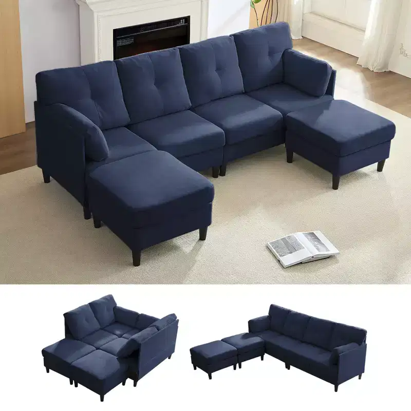 Mjkone Modular Convertible Sectional Sofa Couch, Upholstered Comfy Fabric 4-Seater Sofa with Movable Ottomans