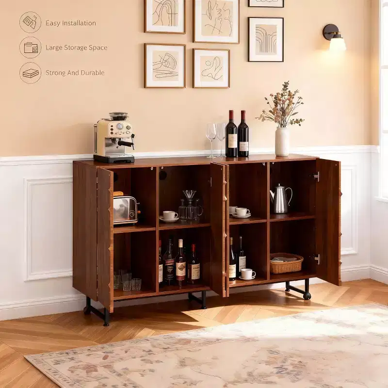 59 Modern Solid Wood Sideboard with Wave Relief & Iron Legs