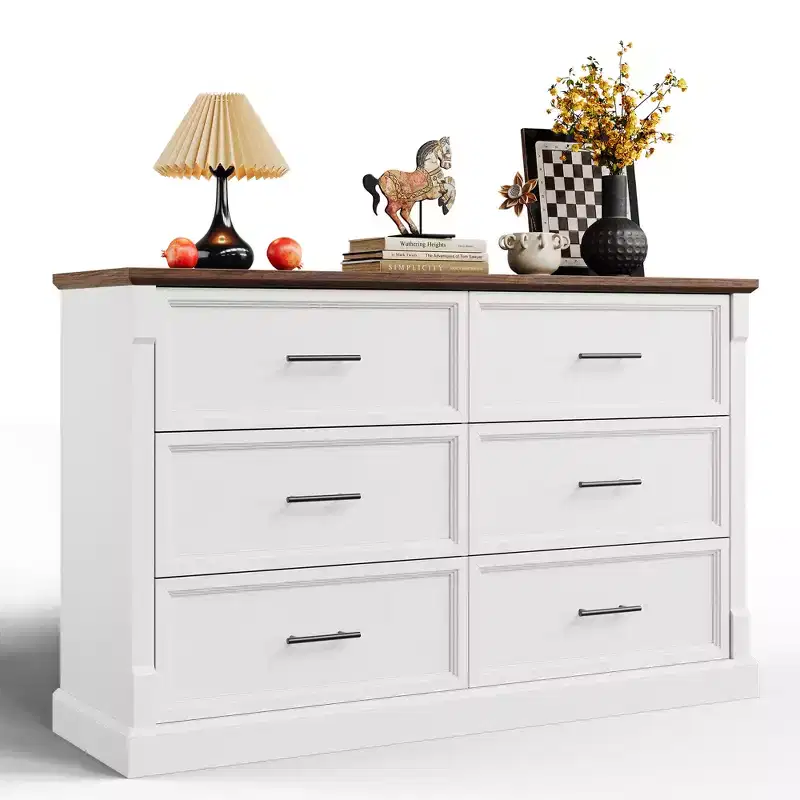 Rustic Farmhouse 6-Drawer Double Dresser, Wooden Storage Chest with Metal Handles, Multi-Use Organizer for Bedroom & Kids Room, Brown & Grey