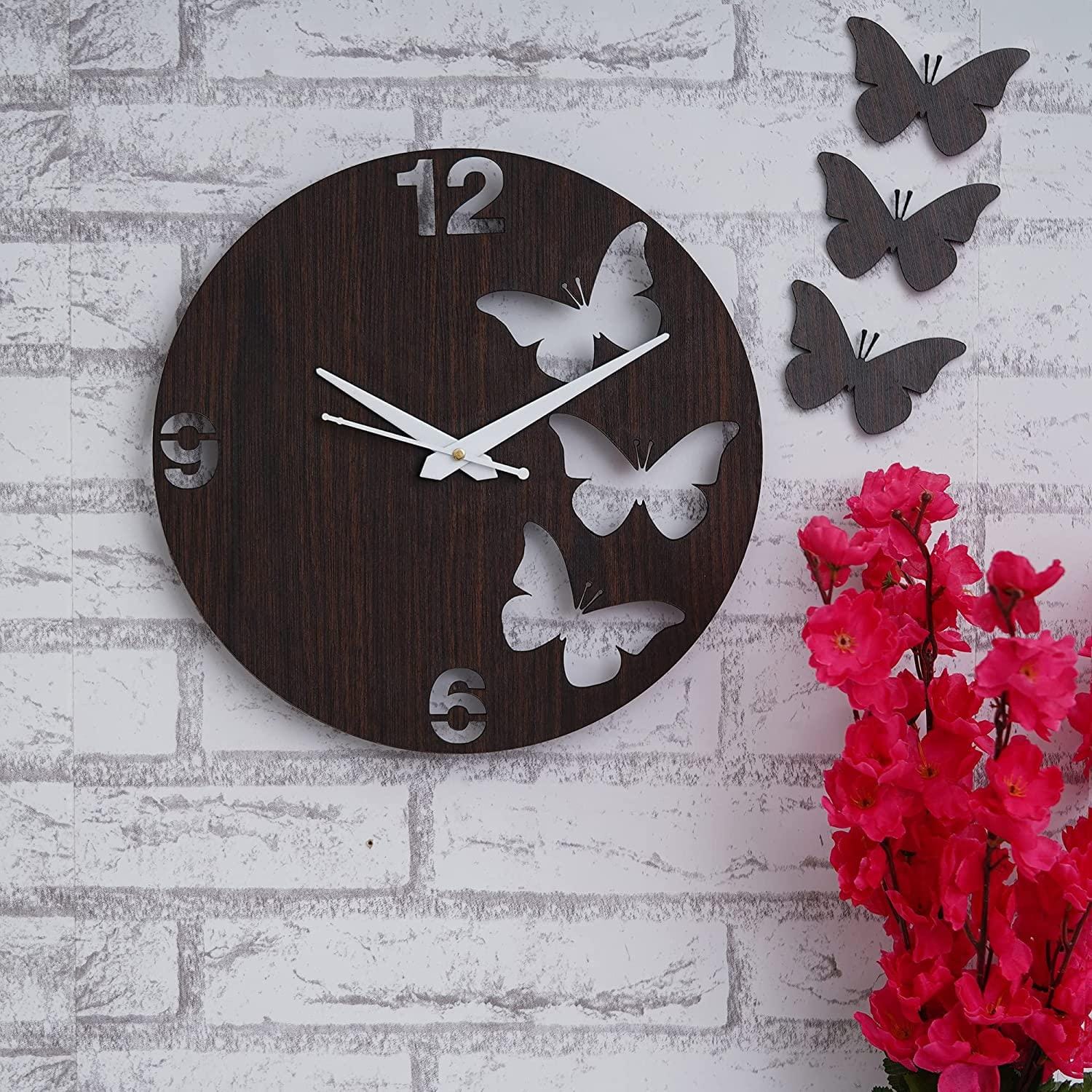Premium Butterflies Wooden Wall Clock for Home and Office Decor| Three Outer Butterflies Wall Clock for Bedroom,Living Room| (12 Inches, Brown)