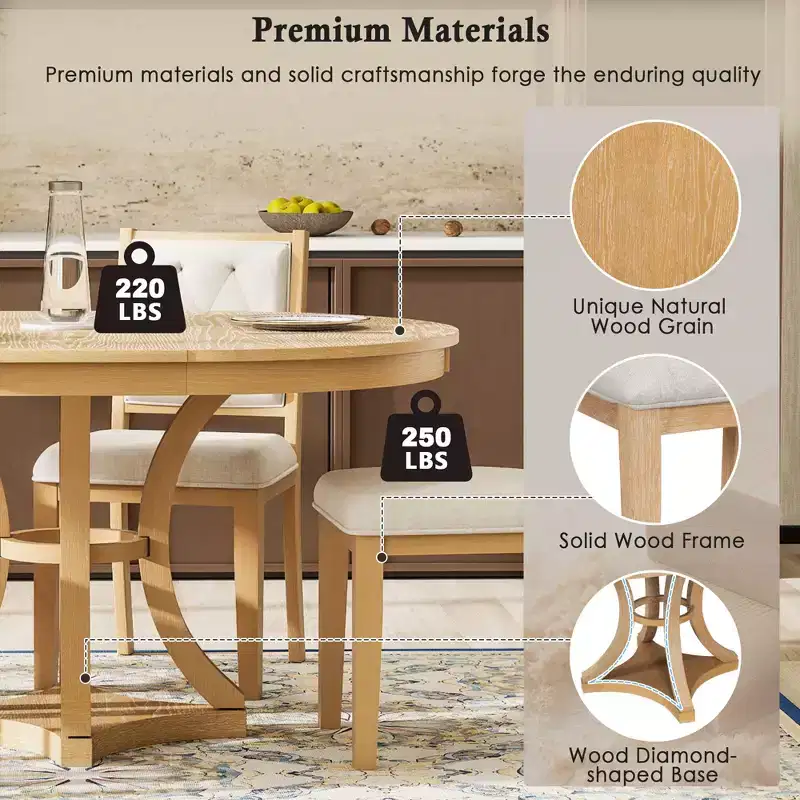 Merax Stylish 5-Piece Retro Dining Set with Extendable Round Table & 4 Upholstered Chairs