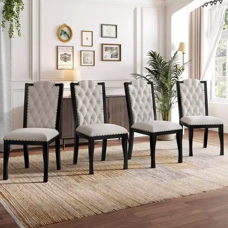 Beige Linen High Back Dining Chair, Button Tufted, Set of 4