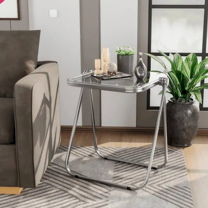 Square Plastic Folding End Table with X-Shaped Iron Frame - Chrome Finish