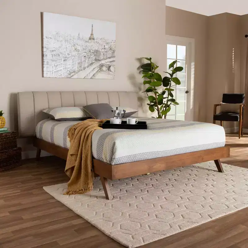 King Walnut Platform Bed with Upholstered Headboard, Beige