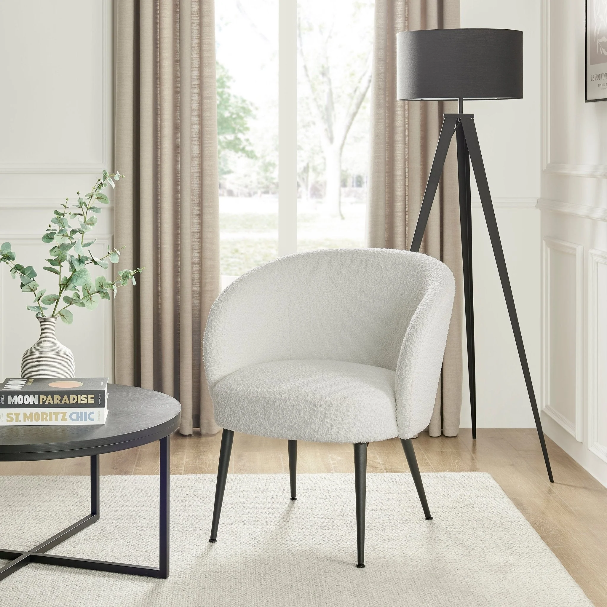 Scandi Off-White Boucle Accent Chair with Cosy Cushioned Seat for Living Room