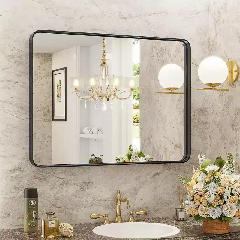 Large Aluminum Bathroom Mirror 39x29 Inch, Anti-Fog Vanity Mirror with Safety Glass, Black