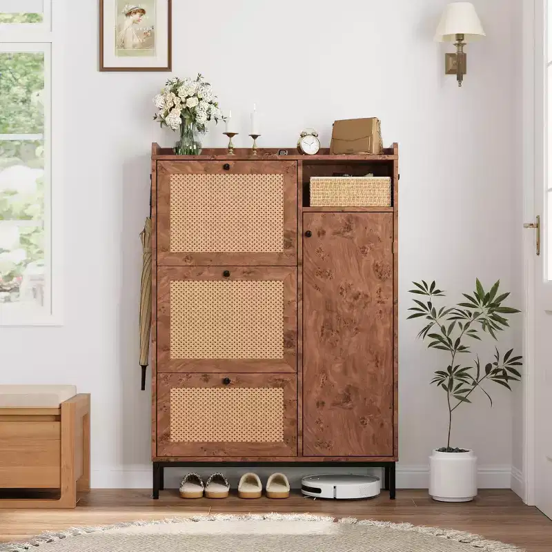 Shoe Cabinet with 3 Flip Drawers, 4-Tier Rattan Shoe Storage Cabinet, Freestanding Shoe Organizer with Adjustable Shelves for Entryway
