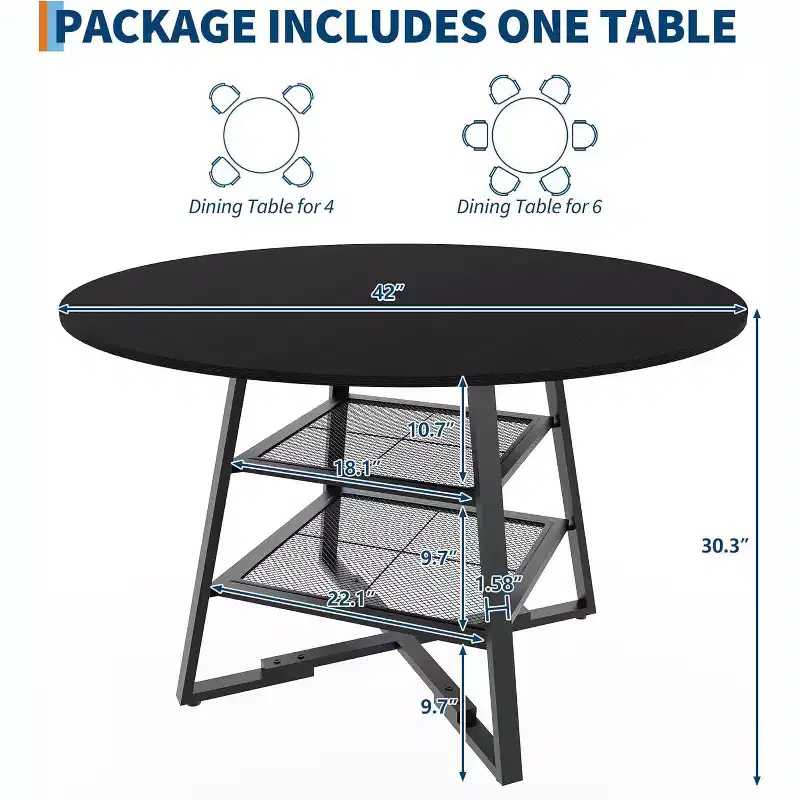 42 Inch Round Dining Table for 4-6, Circle Kitchen Dining Table with Metal Base, Wooden Round DiningTable, Wood Kitchen Tables with Storage Shelf