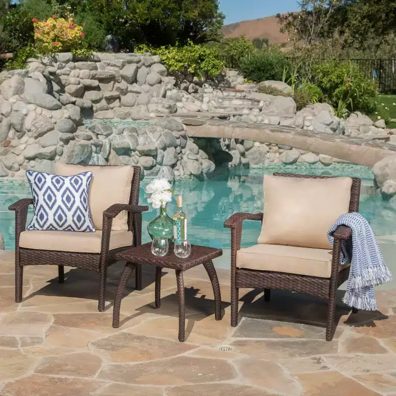GDFStudio Hilary Outdoor Wicker 3 Piece Chat Set with Cushion