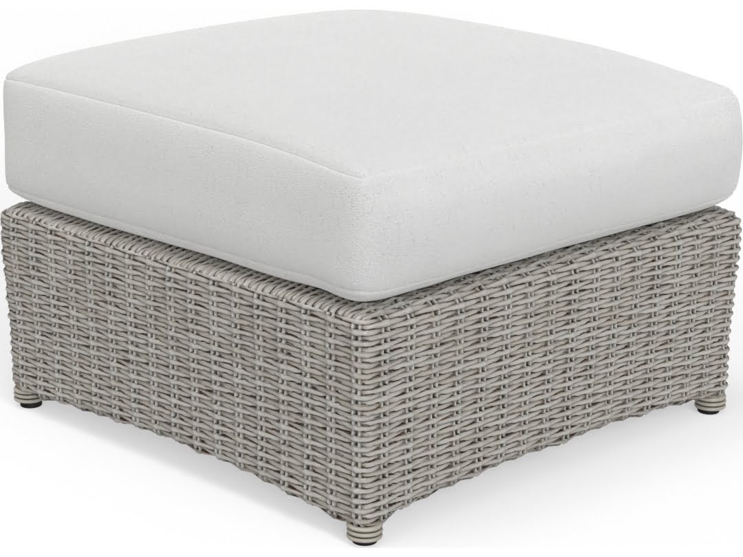 Outdoor Wicker Light Driftwood Ottoman with White Cushion Patio Furniture