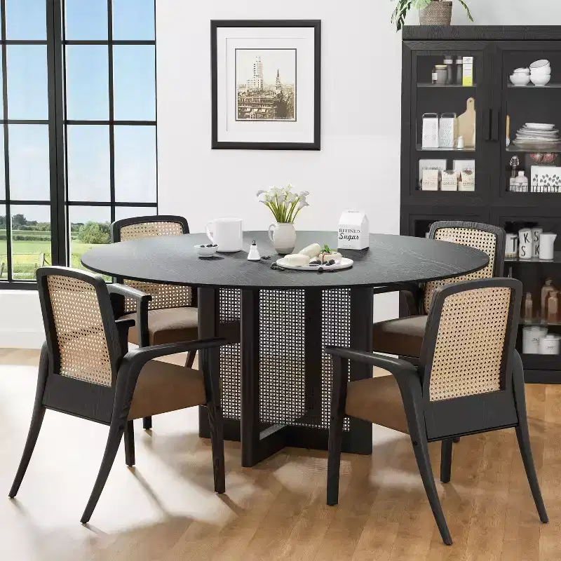 60-Inch Round Farmhouse Dining Table, Solid Wood Top with Rattan Woven Legs, Seats 8