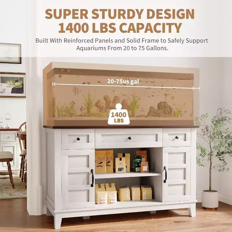 55-75 Gallon Aquarium Stand with Power Outlet, 3 Drawers & Cabinets, 1400 lbs, Farmhouse