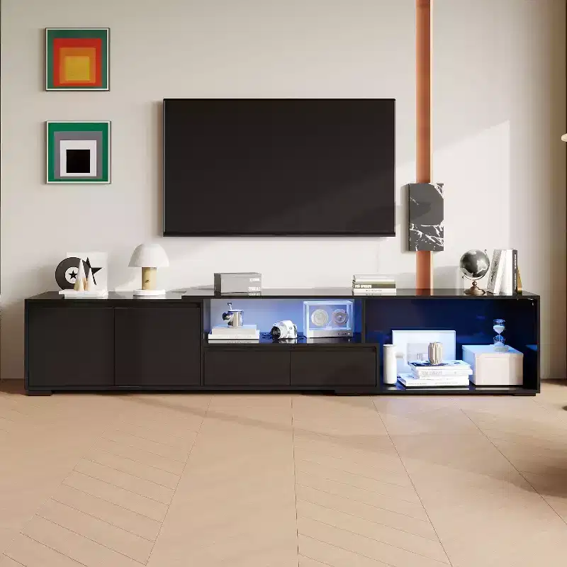 Black Extendable TV Stand with RGB LED Lights, 2 Cabinets & 2 Drawers, Fits TVs up to 80
