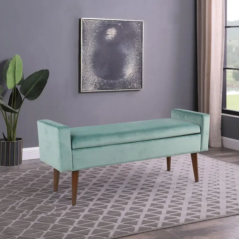 Mid-Century Velvet Storage Bench – Light Aqua, 48