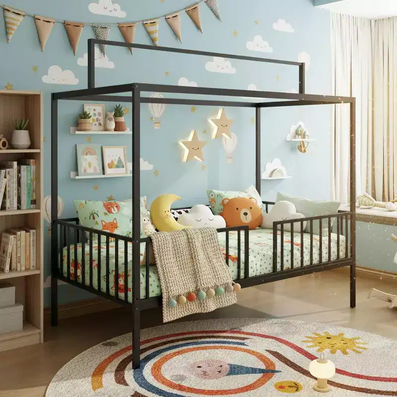 3-in-1 Convertible Montessori Metal Floor Bed with Fence Guardrails & Canopy Frame, Twin/Full