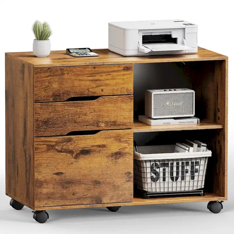 Mobile Lateral File Cabinet & Printer Stand - 3 Drawers, 2 Open Shelves