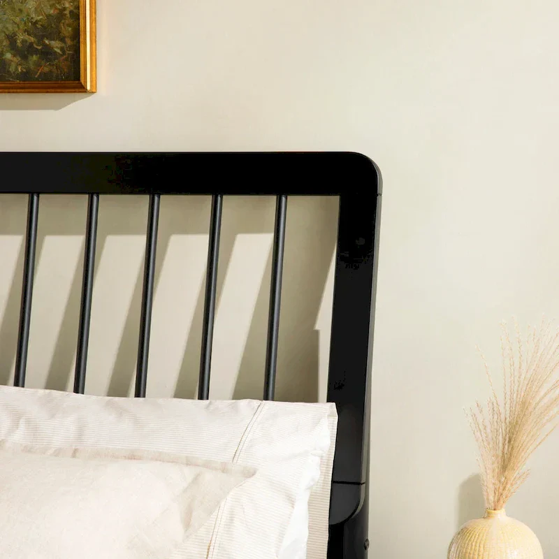 Solid Wood Queen Spindle Bed, Caramel / Natural Pine / Black, Fits 2