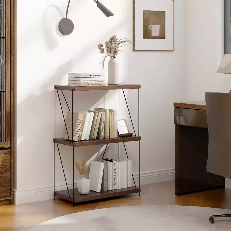 1/2 PCS 3-Tier Multipurpose Display Rack Freestanding Bookcase with Metal Frame Walnut