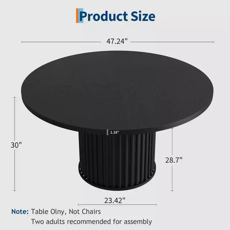 47 Industrial Round Dining Table, Black Kitchen Table for 4-6 with Waveform Metal Pedestal Base, Modern Circular Table for Dining Room