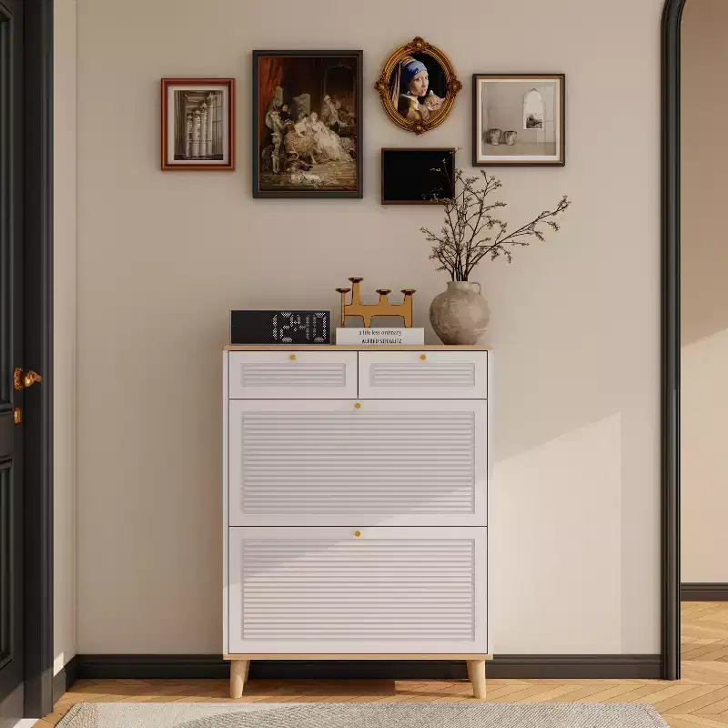 MAYEERTY Shoe Racks with 2 flip Out Doors 2 Drawers Narrow Shoe Rack Cabinet Natural Wood Legs