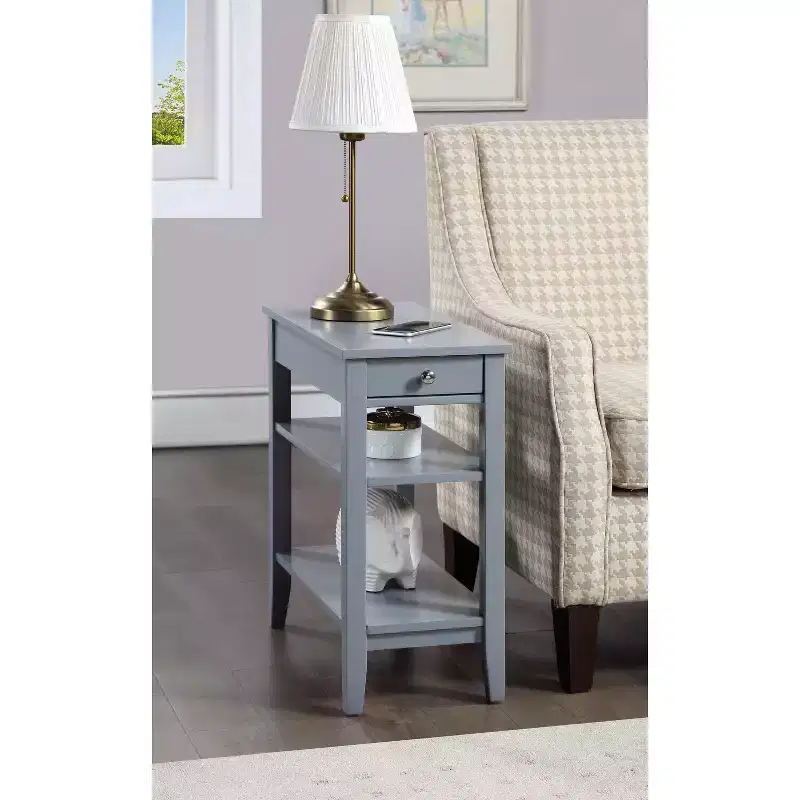 HomeStock Belmont End Table with Smooth Drawer, Nickel Knob and Three Tier Storage Shelving, Transitional Side Table for Living Room or Office