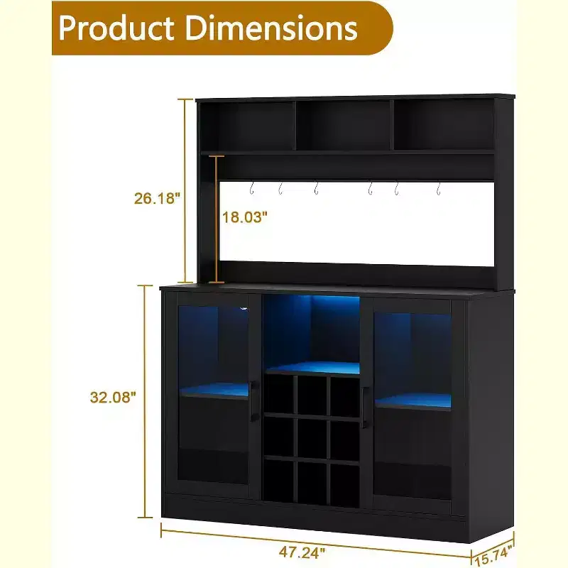 47Inch Wine Bar Cabinet, Liquor Cabinet Kitchen Coffee Bar Storage, Storage Buffet for Home Office Dining Room, Black