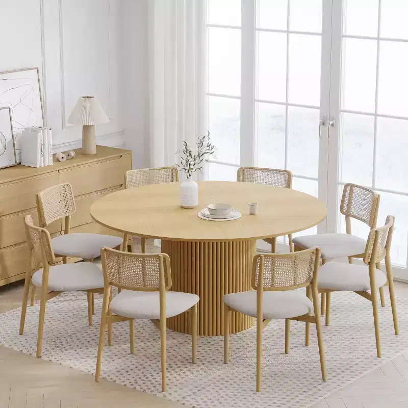 60 Solid Wood Round Dining Table Kitchen Table for 6-8 with Tabletop & Concave Cylinder Legs for Living/Dining Room Coffee Office Natural