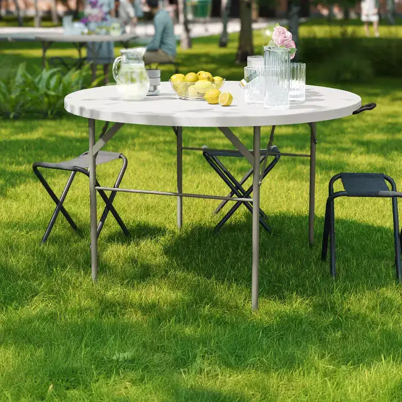 White Round Folding Table, Plastic Top, Seats 4