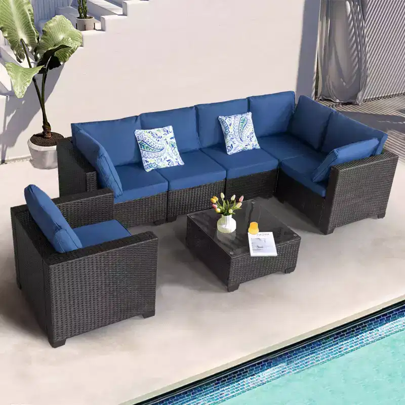 GDFStudio Hilary Modern 5 Seater PE Rattan and Iron Waterproof Upholstered Patio Conversation Set with Table