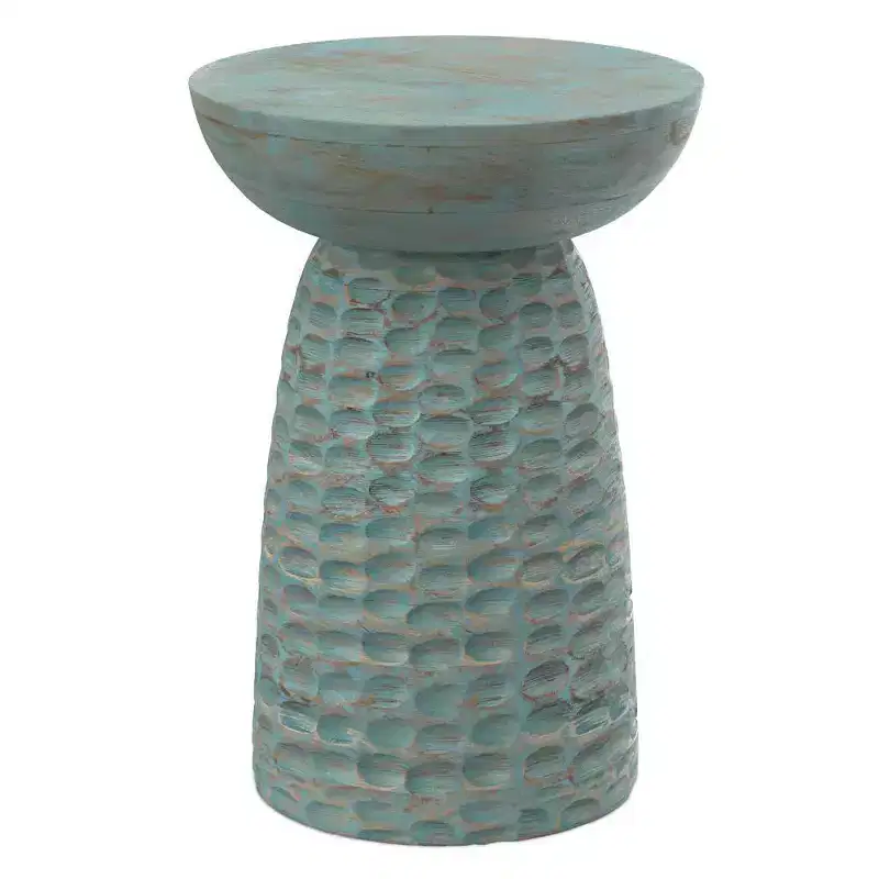 Round Mango Wood Accent Table | Teal Wash | 17.7