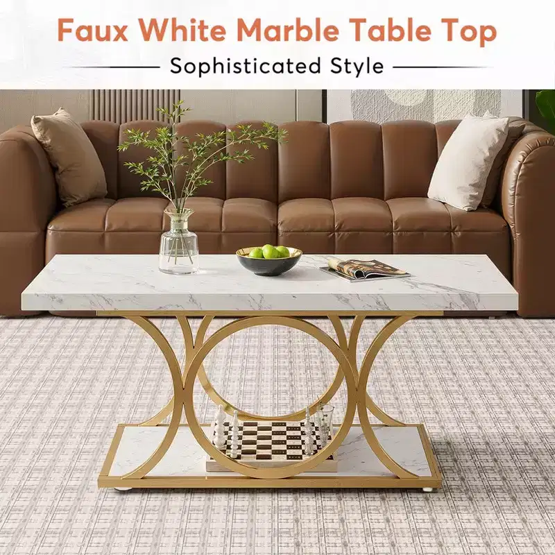 2-Tier Modern Coffee Table – White Faux Marble Top & Gold Metal Legs, 47