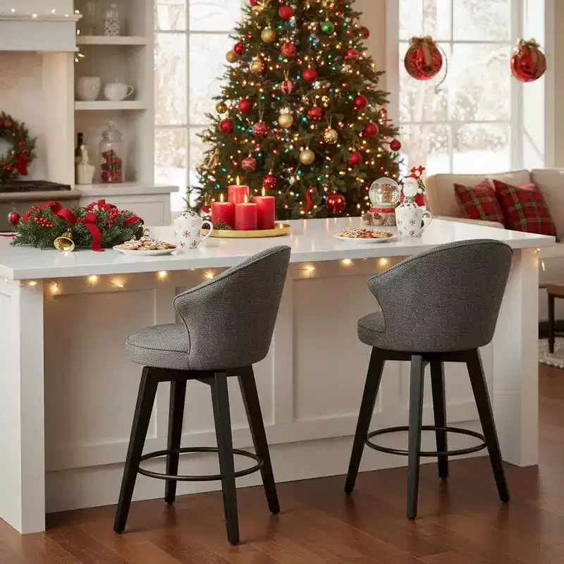 Set of 2 Wing Back Swivel Bar Stools with Upholstered Seat and Wood Legs, Gray