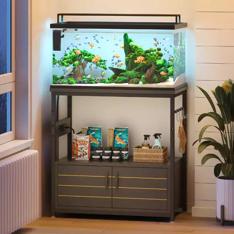 Bestier Gallon Aquarium Stand with Power Outlet, Black Fish Tank Rack with Cabinets ,Rectangle Aquarium Stand with Adjustable Foot and 4 Hooks