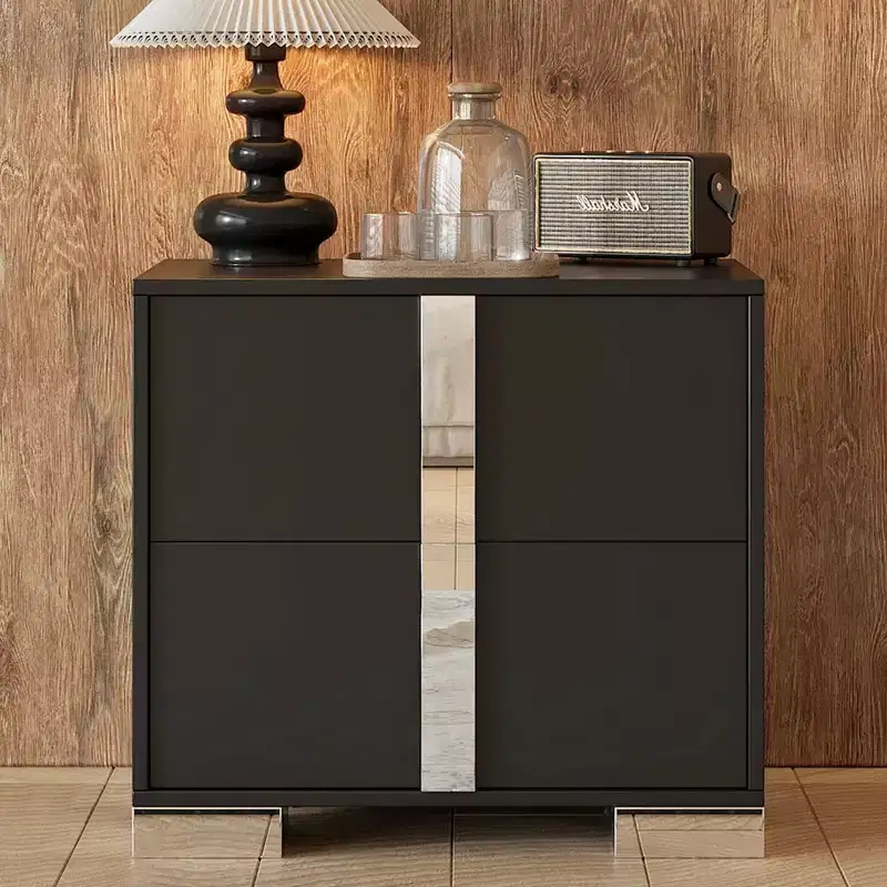 Elegant Nightstand, Mirrored Bedside Table with 2 Drawers, Metal Foot