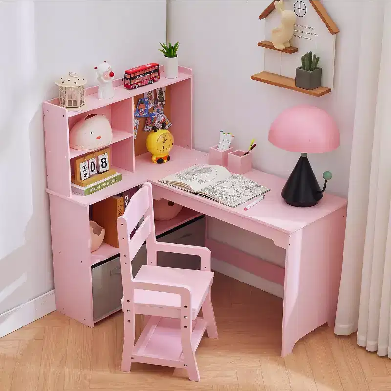 Kids Corner Desk, Desk and Chair Set for Children, L Shape Kids Study Table Features Bulletin Board Open Shelves Storage Cabinets and Cloth Drawers