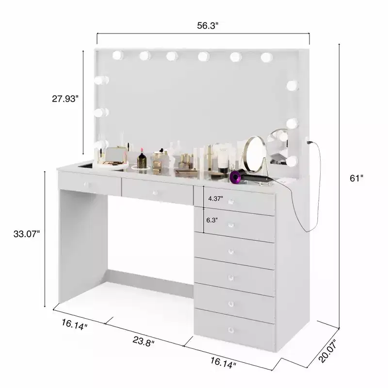 Hollywood Makeup Vanity with Lighted Mirror | 8 Drawers & USB Port | White