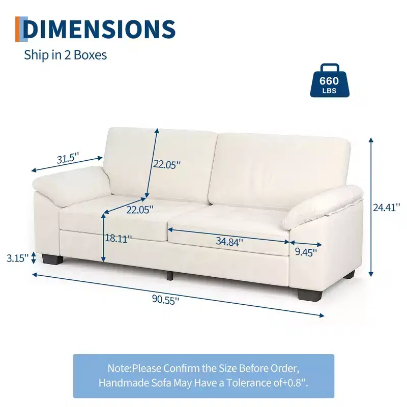 90 3 Seater Velvet Upholstered Sofa, Oversized Couch with Soft Spacious Armrests, Comfy Button Tufted Design for Living Room & Bedroom