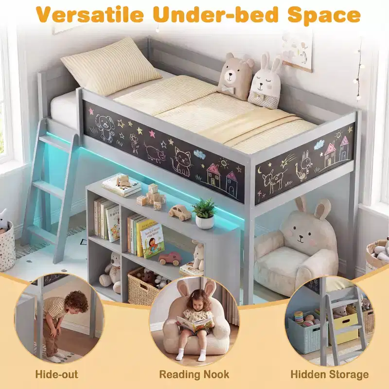Costway Kids Loft Bed w/LED Lights Chalkboard & Removable Bookcase Safety Guardrail